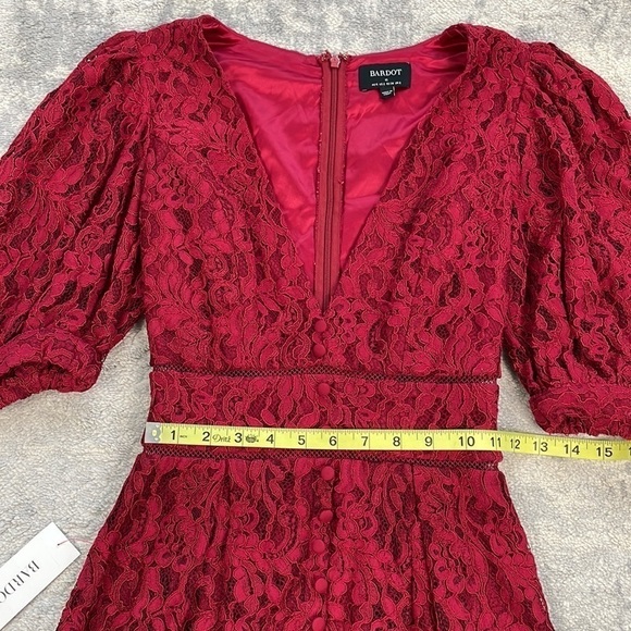 NWT Bardot Kira Red Button Front Lace Mini Dress Puff Sleeve V Neck Sz 2 - Picture 7 of 13